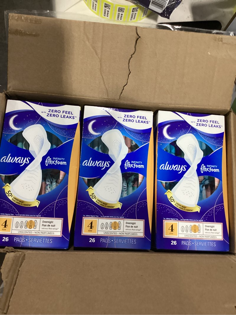 Condition photo showing New/Like New for always, infinity with flexfoam pads for women, size 4, overnight absorbency with wings, 26 count 26 count (pack of 1) 26
