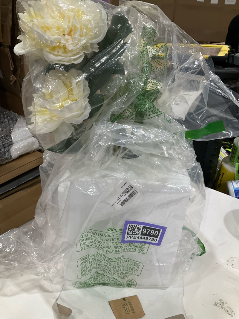 Condition photo showing New/Like New for Elements Artificial White Peony in Blue Glass Vase, Realistic Look and Feel White Peony in Blue Vase