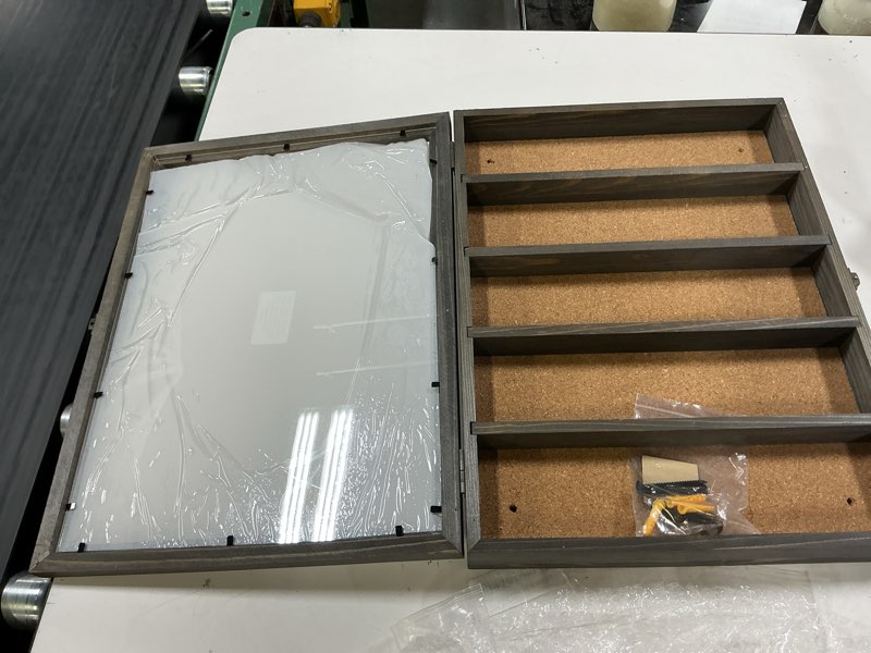 Condition photo showing Good Condition for mygift challenge coin display case wall mounted, shadow box with viewing panel on hinged door, metal latch, corkboard backing, vintage gray solid wood