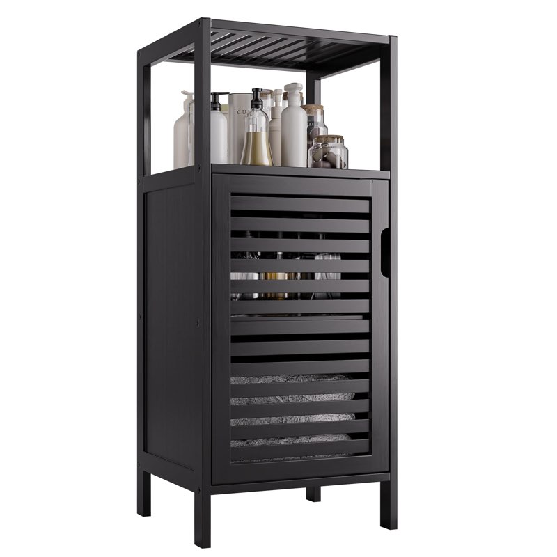 HITNET Bathroom Cabinet Freestanding, Small Bamboo Floor Cabinet, 4 Tier Single Door Sofa Side Table Storage Organizer, Space Saving Kitchen Cupboard, Black 