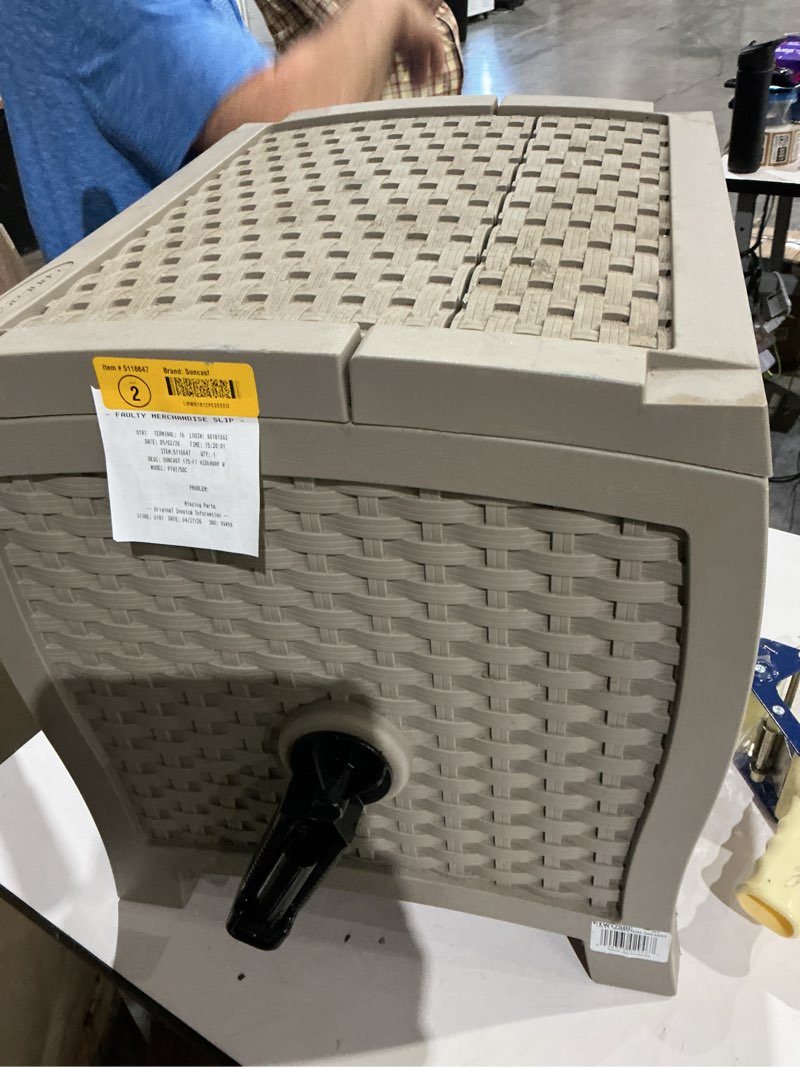 Condition photo showing As Is for suncast garden hose reel hideaway forhoses, retracting storage of 100ft, light taupe light taupe)