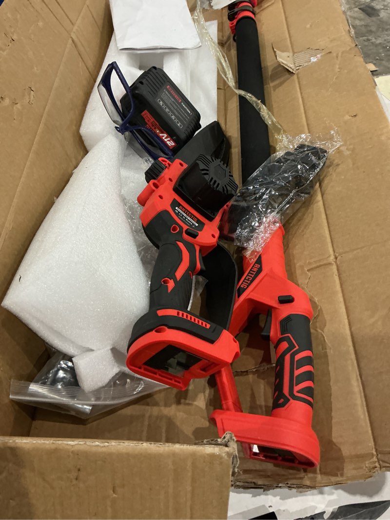 Condition photo showing As Is for mzk 2-in-1 cordless pole saw & mini chainsaw with 3 replacement chain, 20v battery pole chainsaw, 4.5" cutting capacity, 13ft reach pole saw for tree trimming(2 batteries and fast charger included) red