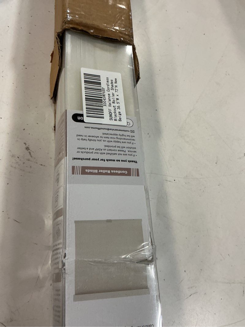 Condition photo showing New/Like New for sunoff cordless blackout roller shades blinds for windows free-stop,pull down room darkening with valance,thermal insulated woven fabric window door blinds for home,office,beige 36.5" w x 72" h 36.5"w x 72"h beige