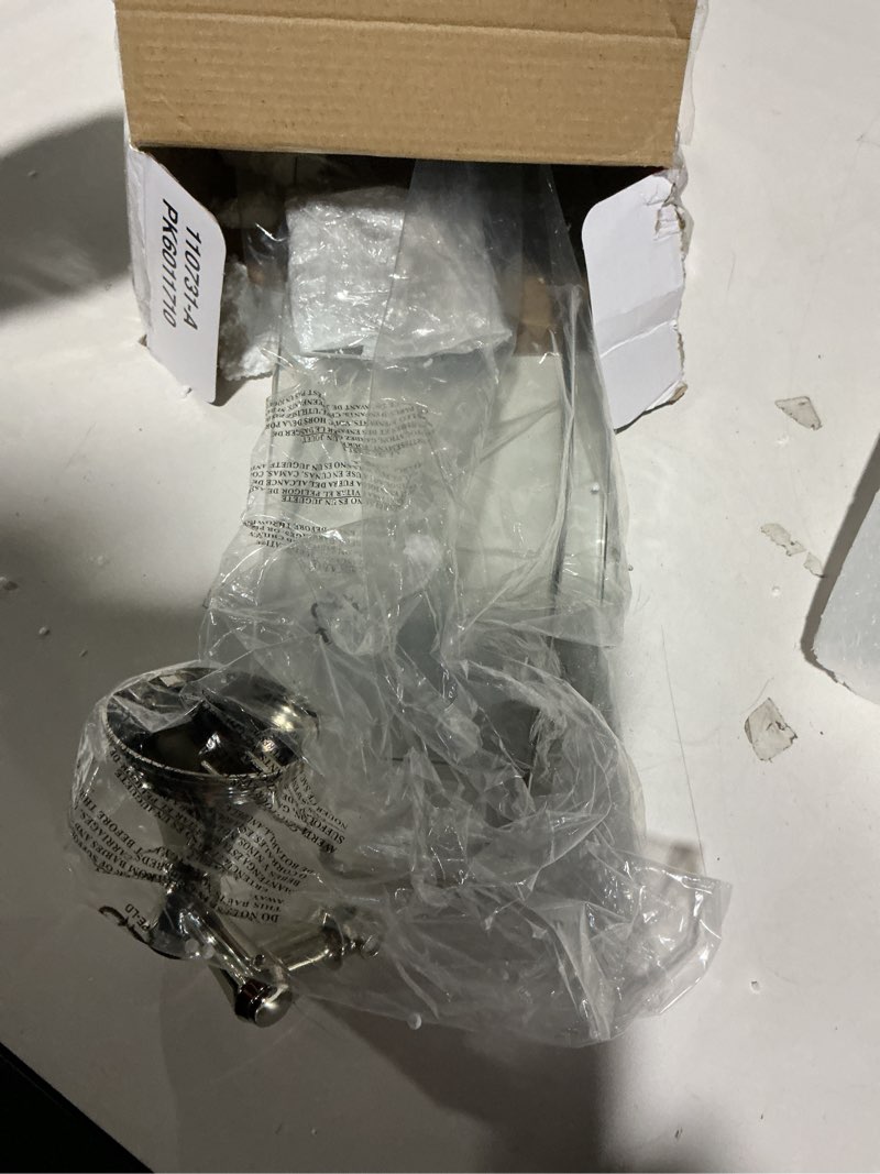 Condition photo showing As Is for DELTA Cassidy 18 inch Glass Shelf With Towel Bar, Polished Nickel, Bathroom Accessories, 79710-PN