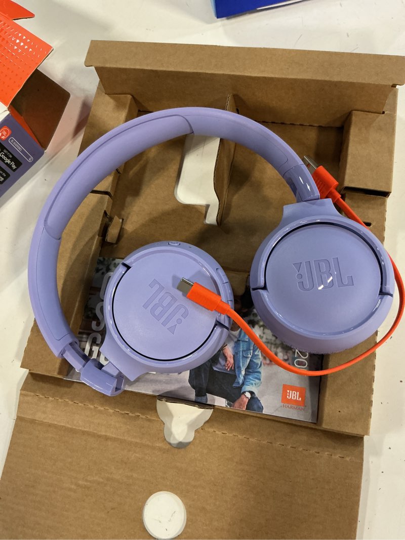 Condition photo showing As Is for jbl tune 520bt - wireless on-ear headphones, up to 57h battery life and speed charge, lightweight, comfortable and foldable design, hands-free calls with voice aware (purple)