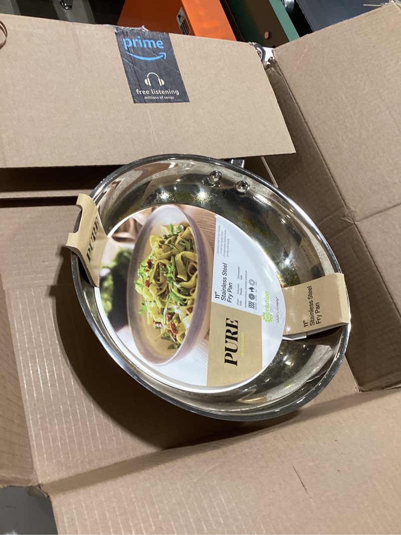 Condition photo showing As Is for Ecolution Classic Stainless Steel Fry Pan, Professional Quality Sauté, Encapsulated Base, Comfort Grip Riveted Handles, All Cooktop Safe, Oven Safe, Dishwasher Safe, 11-Inch 11 in Stainless Steel