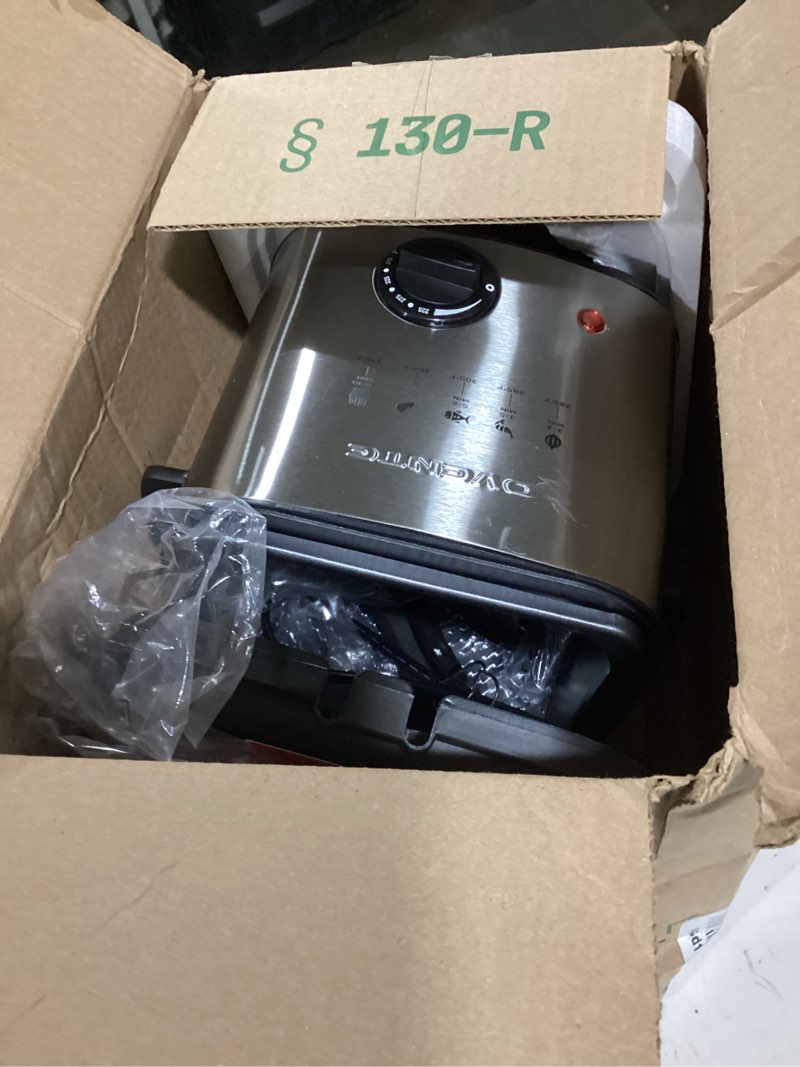 Condition photo showing As Is for OVENTE Electric Deep Fryer, 1.5L Capacity, 800W with Adjustable Temperature, Viewing Window Lid, Removable Frying Basket & Cool-Touch Handles, Stainless Steel Countertop Fryer, Silver FDM1501BR FDM1501BR - Silver