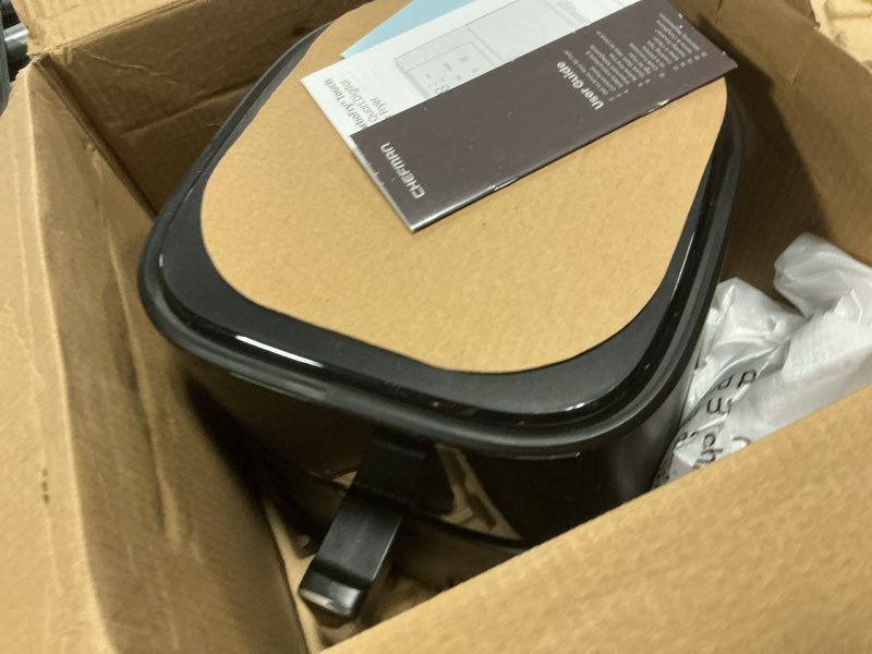 Condition photo showing As Is for chefman air fryer – 6 qt compact airfryer for quick & easy meals in minutes, features hi-fry technology for extra crisp, touchscreen controls with 4 presets, nonstick & dishwasher safe basket - black 6 quart - no window