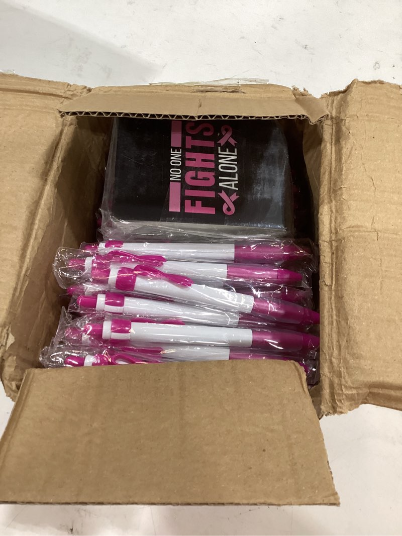 Condition photo showing Good Condition for breast cancer awareness ribbon retractable gel pens, black ink, fine point 0.5mm, bulk 100 pack with 100 pink ribbon cards for fundraising events, hospital, school, health education