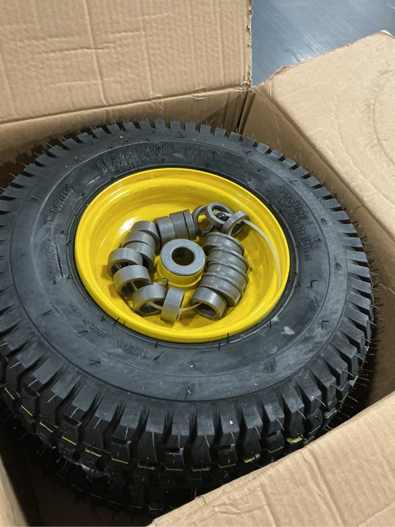 Condition photo showing Good Condition for ar-pro (2-pack) 13x5.00-6 front tire and wheel assembly, 4-ply tubeless turf tire with rim for riding mower lawn tractor, 3"-6" offset hub & 3/4" bushings extra 5/8" bushings 13 x 5.00-6" tubeless (offset hub) yellow