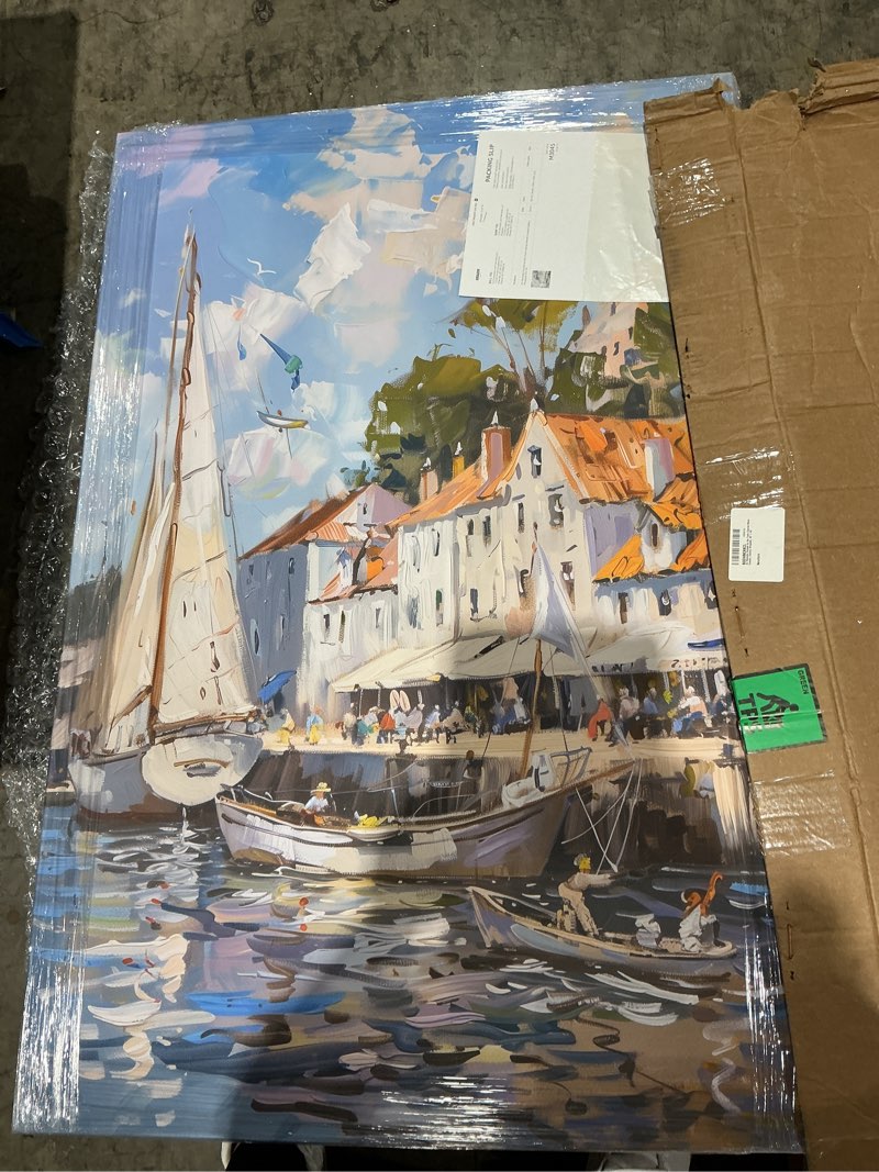 Condition photo showing Good Condition for art remedy docked by the town canvas monet coastal, gallery wrapped, 30" x 45" gallery wrapped wrapped canvas 45"l x 30"w