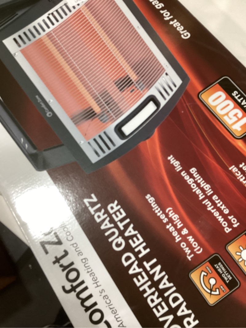 Condition photo showing New/Like New for Comfort Zone 1500W Ceiling Mounted Dual Quartz Radiant Heater – Infrared Workshop Heater with 90° Adjustable Tilt, Built-in Halogen Light & Pull String Control – Overheat Protection, Black