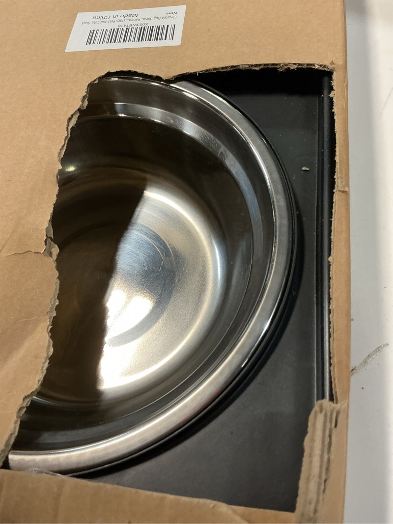 Condition photo showing Good Condition for Elevated Dog Bowls, Raised Bowl with 2 Stainless Steel Food Bowls, Dog Bowls Stand Adjusts to 5 Heights 2.95", 8.46", 9.65", 10.82", 12.01" for Small Medium Large Cats Pets,Black Black Stainless Steel Bowls
