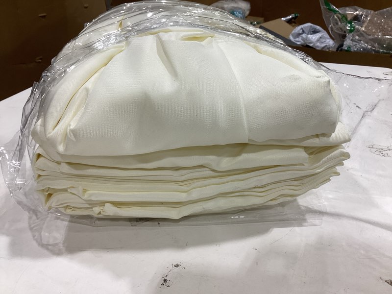 Condition photo showing As Is for brillmax 6 pack ivory round tablecloths 120 inch for 60” tables - 150 gsm polyester fabric, floor length drop, water, stain & wrinkle resistant cloth cover for wedding reception banquet dining ivory 120 in, 6 pack