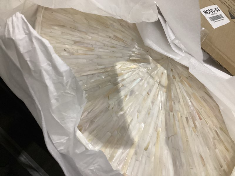 Condition photo showing As Is for PEMAR 22" Round Mother of Pearl Extra Large Ottoman Tray with Raised Edge, Oversized Decorative Luxury Wooden Serving Tray for Food, Coffee Table, Breakfast in Bed (White Cream Sunlight) White Cream Starburst Sunlight