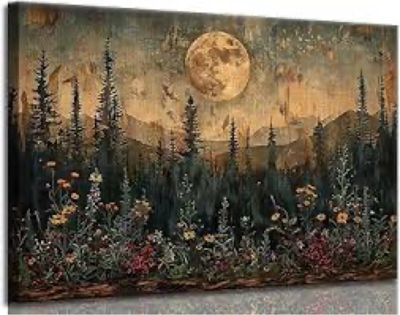 Full Moon Forest Canvas Wall Art Moonlit Pine Tree Mountains and Wildflowers Woodland Nature Landsca