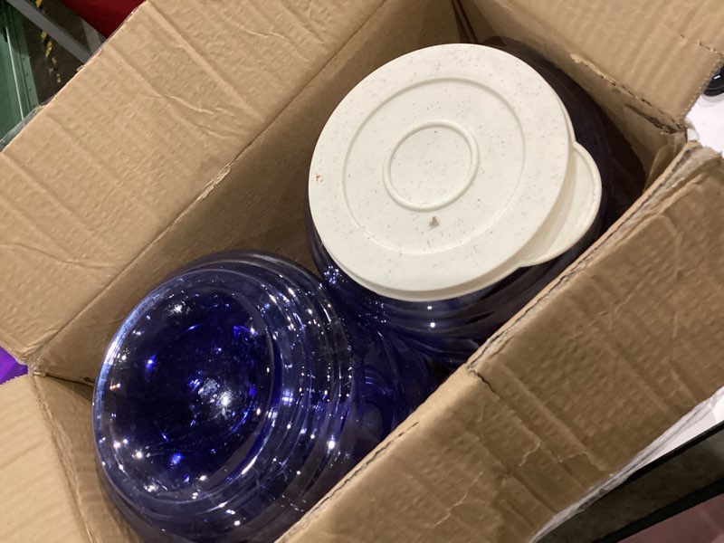 Condition photo showing As Is for Automatic Pet Feeder & Waterer Set of 2 Pack, Self Feeding Replenish Dog Cat Bowls, Gravity Food & Water Storage Container Fountain Jug Pet Supplies Plastic Skid Proof Rubber Feet (White)