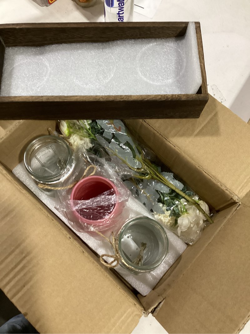 Condition photo showing Good Condition for BLEUM CADE Centerpiece Table Decorations - Mason Jar Lights Centerpiece for Kitchen Dining Table Farmhouse Coffee Table Wedding Home Decor with 3 Jars Roses Artificial Flowers & Wood Tray Pink-rose