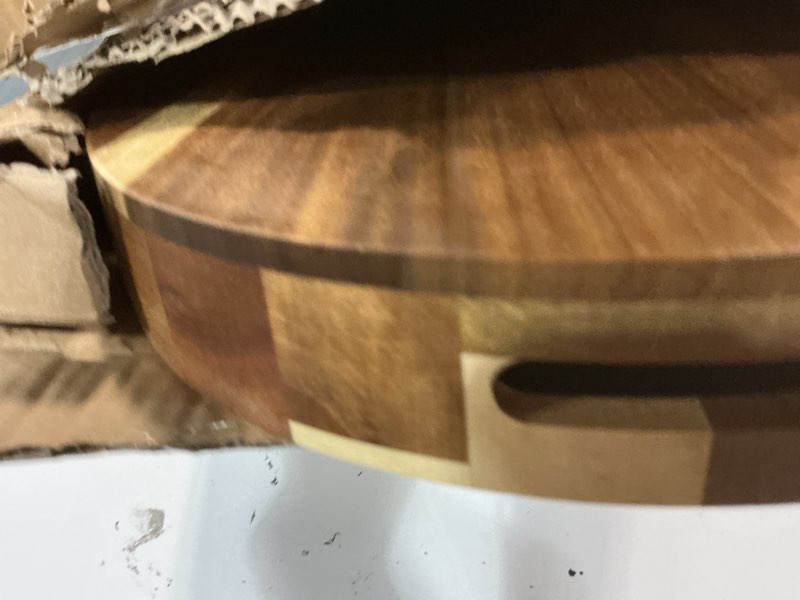 Condition photo showing As Is for 22" x 17" extra large ottoman tray with handles, acacia wood decorative serving tray, oval platter for coffee table living room kitchen breakfast in bed counter bathroom candle display