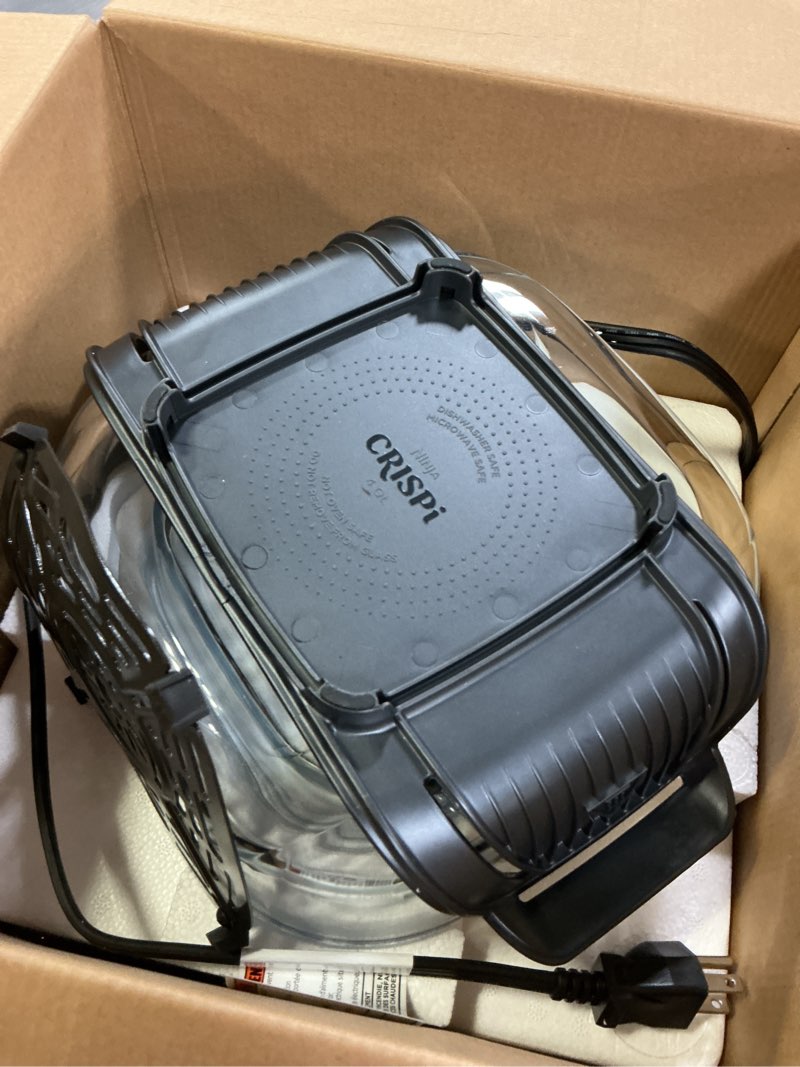 Condition photo showing As Is for ninja crispi 4-in-1 glass air fryer | 450°f | non-toxic | 4qt & 6-cup glass containers w/lids | microwave, freezer, dishwasher safe | max crisp, air fry, bake, recrisp | cyberspace gray, fn101gy cyberspace gray 4 qt