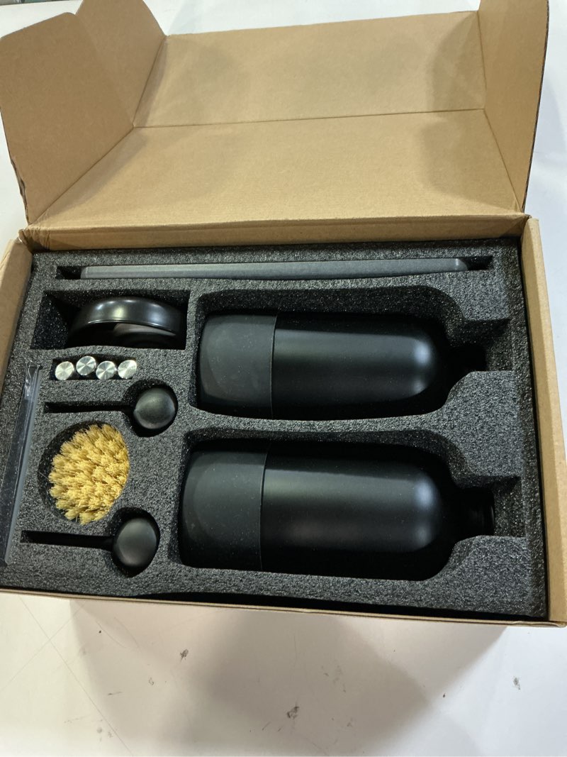 Condition photo showing Good Condition for [Luxurious] Hand and Dish Soap Dispenser Set, Kitchen Soap Dispenser Set with Handmade Leather Tag, Instant Dry Tray, Stainless Steel Pump, Non-Slip Pad, Add Elegant Touch to Your Kitchen Sink Black Bottle + Black Pump