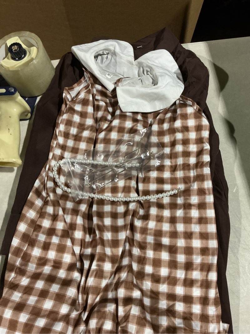 Condition photo showing As Is for Coolproud American Historical Figures Costume includes coat dress glasses hat and necklace Brown 7-8 Years