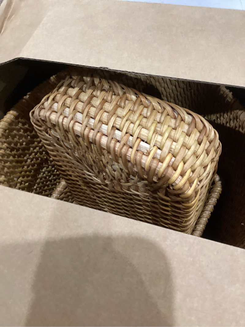 Condition photo showing New/Like New for 3 Pcs Rattan Bathroom Baskets Set Wicker Handwoven Trash Can Waste Paper Basket Square Tissue Box Holder Wicker Toilet Vanity Tray Accessories for Bedroom Kitchen Office Organizer Decorative