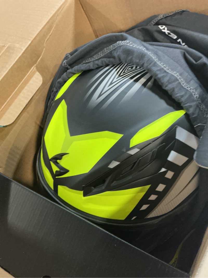 Condition photo showing New/Like New for scorpionexo r430 full face street motorcycle helmet with bluetooth ready speaker pocketss dot/snell approved head trip (hi-viz - 2x-large) head trip hi-viz xx-large