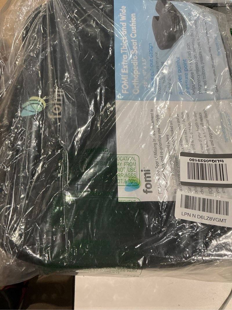 Condition photo showing Good Condition for fomi extra wide and thick firm coccyx seat cushion | 20” x 16” x 3.5” | large black orthopedic memory foam pad for car or truck seat, office chair, wheelchair | back pain relief