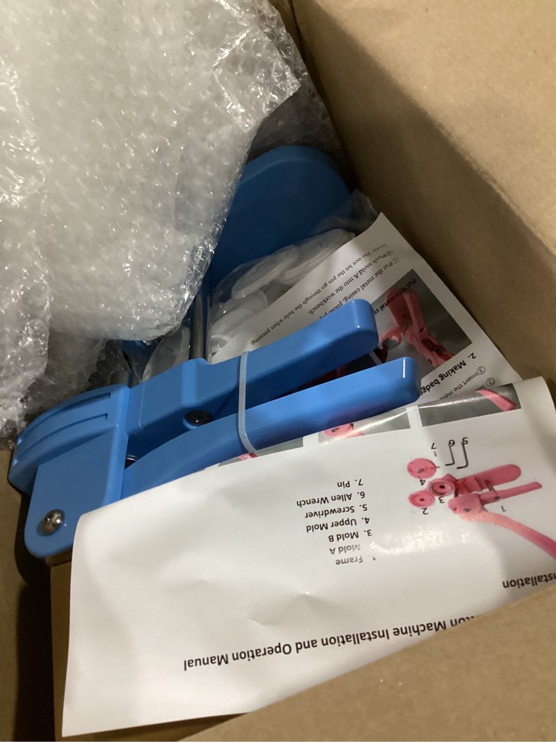 Condition photo showing Good Condition for button maker machine, molds in 3 sizes: 2.28“, 1.25”, and 1”, 500 buttons, 15 fridge magnets, 15 bottle openers, 15 keychain, pin maker machine kit diy, circular cutter in 3 sizes