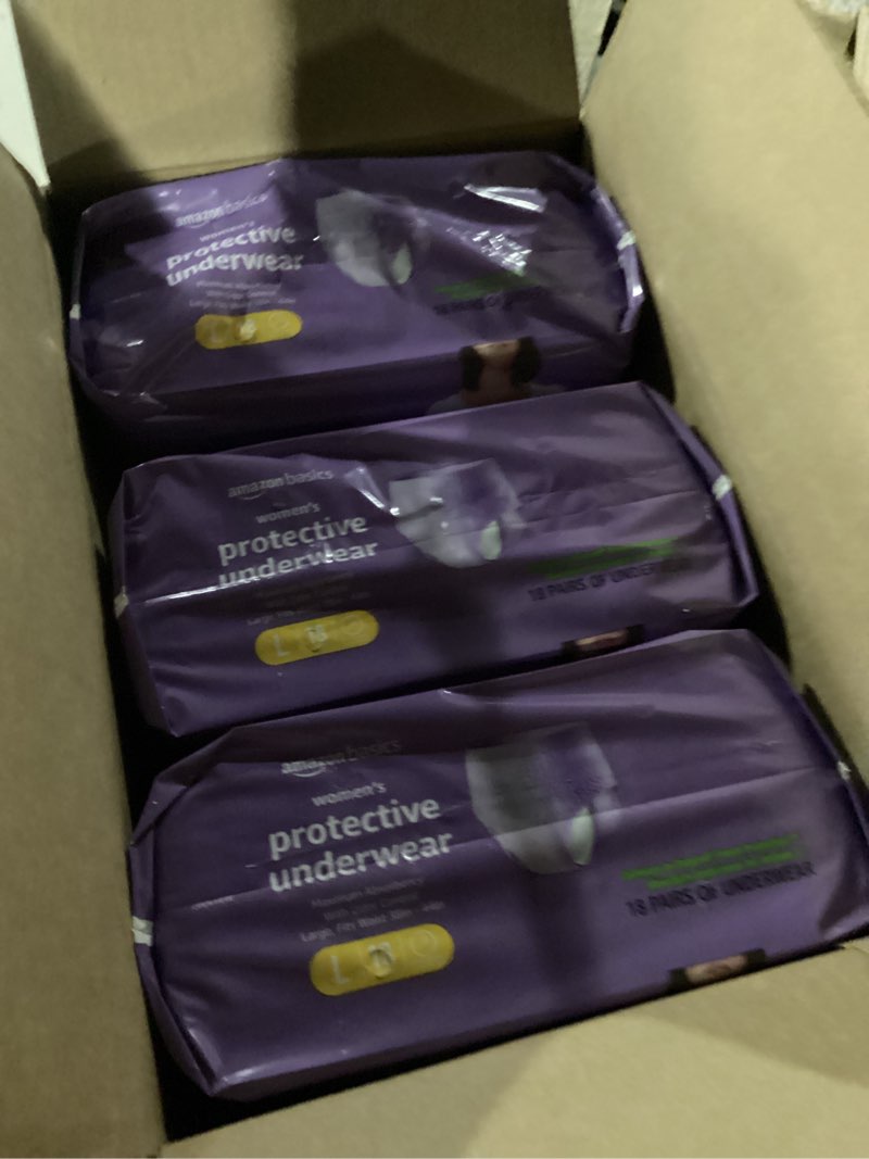 Condition photo showing New/Like New for amazon basics incontinence underwear for women, protective, disposable, postpartum, maximum absorbency, large, lavender, 54 count (3 packs of 18) large 54.0