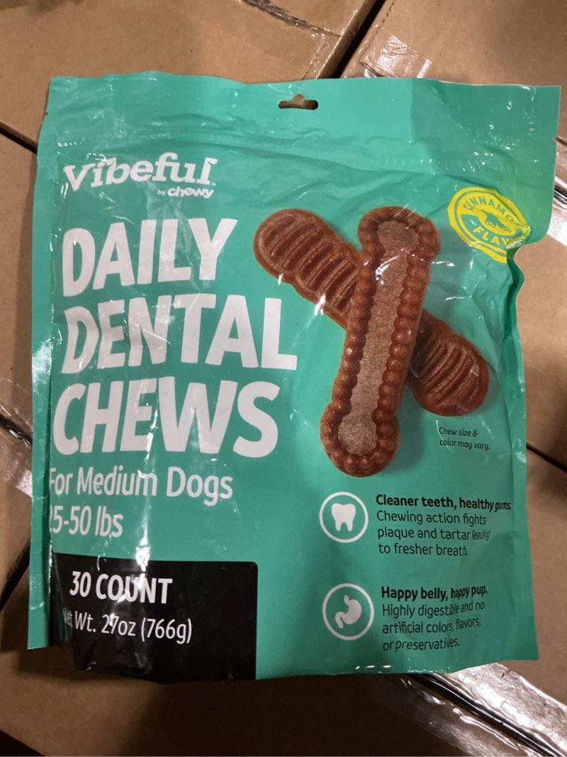 Condition photo showing New/Like New for (BBD 03/15/26). Vibeful Medium Daily Dental Chews for Dogs 25-50 lbs Chicken Flavor, 30 count