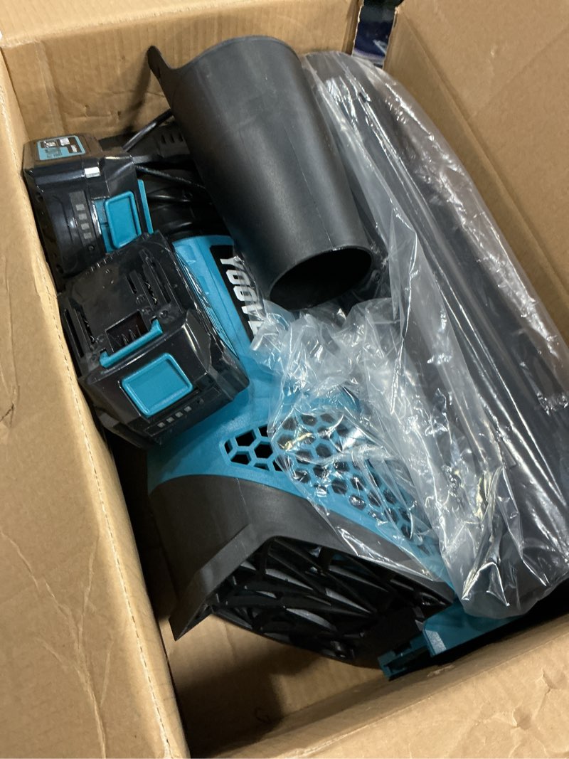 Condition photo showing Good Condition for leaf blower cordless, 650cfm electric leaf blowers with 2 x 5.2ah batteries and charger, 3 speed modes, 1 x adjustable shoulder strap, powerful blowers for lawn care, patio, dust, blowing leaves plastic blue