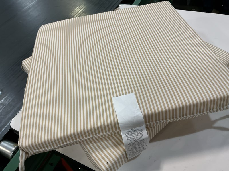 Condition photo showing Good Condition for lvtxiii outdoor chair cushions 19"x19"x2" pack of 2, water-repellent square corner memory foam seat cushions with ties for garden patio furniture, strip beige 19"x19"x2" ( set of 2 ) strip beige
