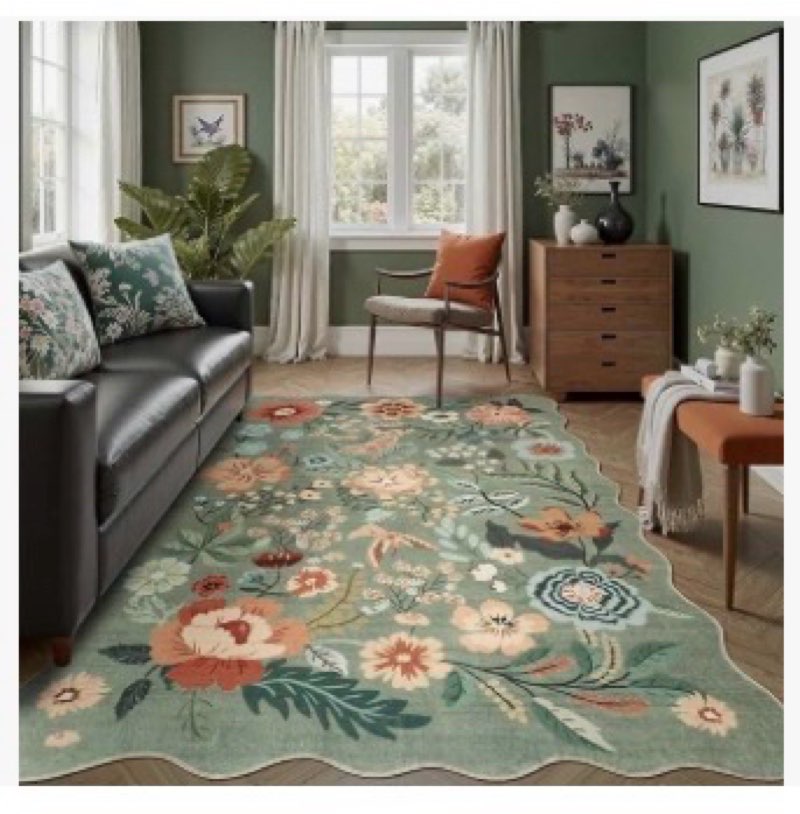 DCX Scalloped Sage Green Floral 9x12 Area Rugs, Machine Washable, Soft Vintage Floral Rug Non Slip S