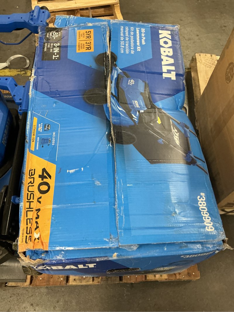 Condition photo showing As Is for kobalt 40v cordless electric lawn mower
