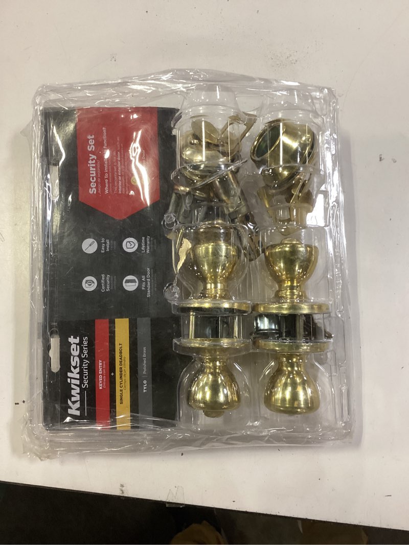 Condition photo showing As Is for kwikset 242 tylo entry knob and single cylinder deadbolt project pack in polished brass