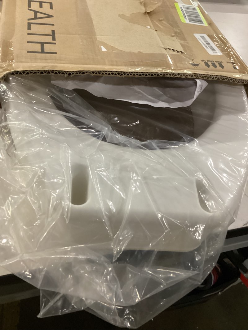 Condition photo showing As Is for healthsmart locking raised toilet seat riser for seniors, 4" elevation with lid, fits round and elongated toilet bowls, secure easy locking clamps, 418 lb capacity, quick assembly locking universal