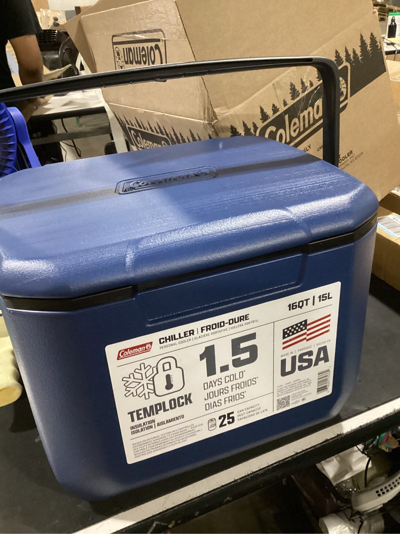 Condition photo showing Good Condition for coleman chiller 9/16/30/48/60qt cooler with ice retention, leak resistant, great for camping, concerts, sports, and more sapphire 16qt