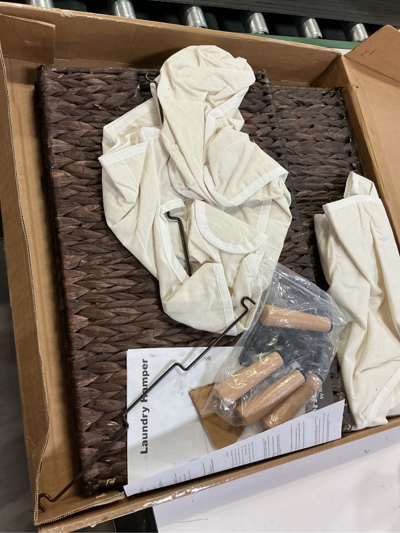 Condition photo showing Good Condition for SONGMICS Laundry Hamper 2 Sections, 34.3 Gal. (130 L) Handwoven Water Hyacinth Wicker Laundry Basket with Lid, Natural Material, Removable Machine Washable Liners, Handles, Espresso ULCB202K01 130 L (2 Baskets) Espresso