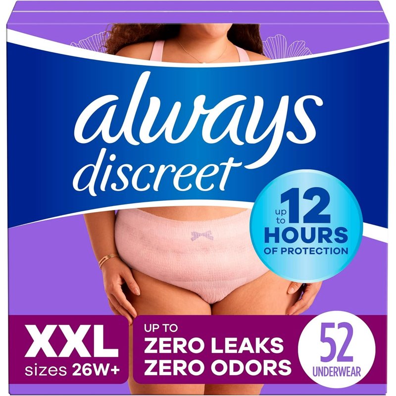 always discreet adult incontinence and postpartum underwear for women, xxl, up to 100%* bladder leak protection, 52 count