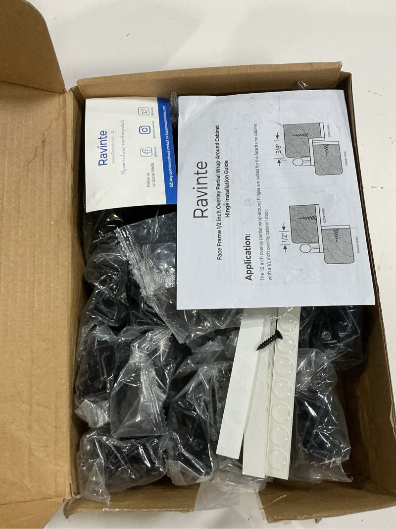 Condition photo showing New/Like New for ravinte 50 pack 25 pairs semi-overlay 1/2 inch self-closing face frame cabinet hinges matte black half wrap-around kitchen cabinet door hinges face mount cabinet hardware 50 matte black