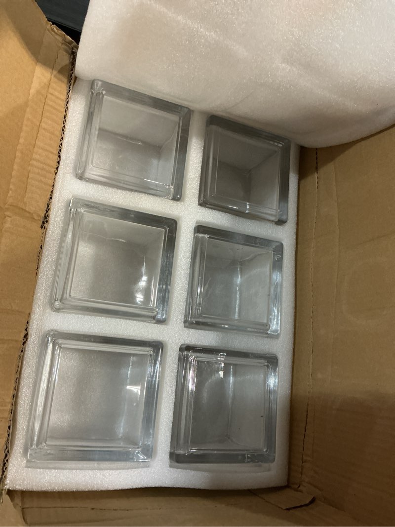 Condition photo showing New/Like New for connoo 6 pack square glass vase 5" x 5" x 5", clear bulk flower vases for centerpieces, square glass cube vase floating candle holders for wedding party home decor 6 pack 5 inch