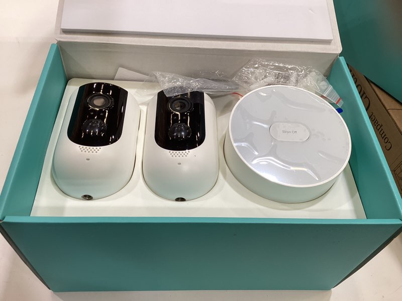 Condition photo showing Good Condition for kasa smart home security camera system wireless outdoor & indoor camera by tp-link, 1080p hd with siren, night vision, battery rechargeable, magnetic wall mount, works w/alexa & google home (kc300s2) battery, 2 cameras