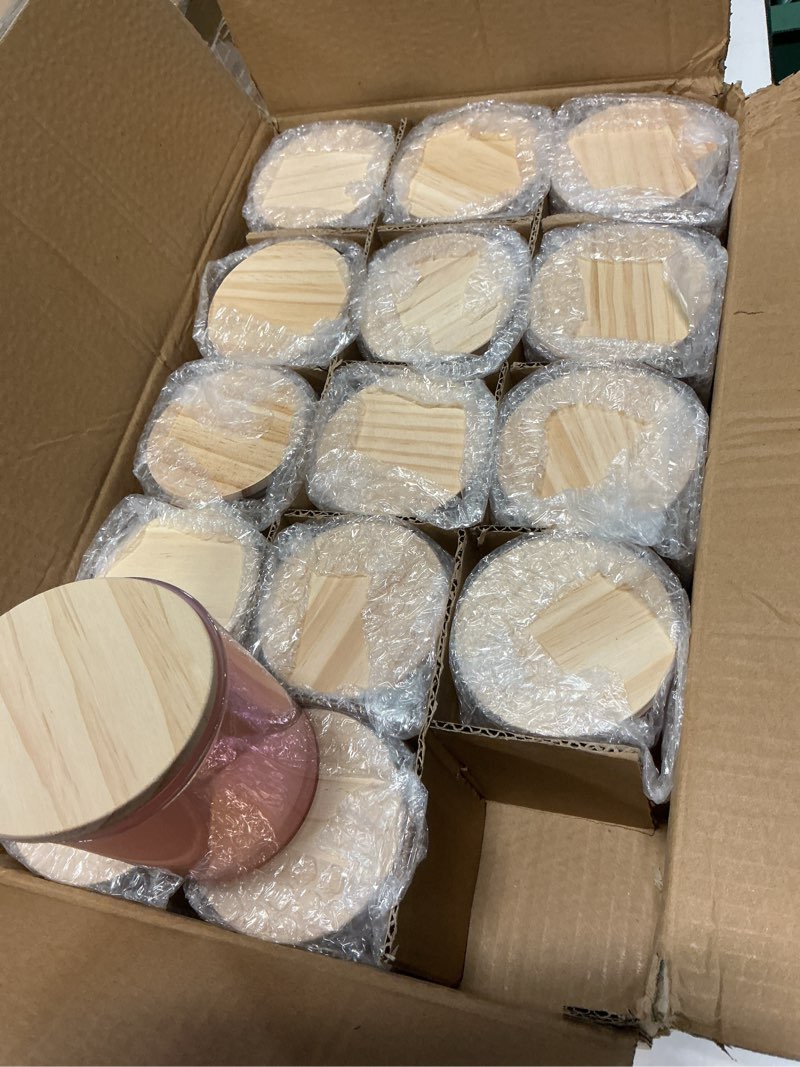 Condition photo showing New/Like New for showin 10 oz thick candle jars for making candles 15 pcs, empty jars with wood lids for candle making, sample container, glitter pink glitter pink 10oz