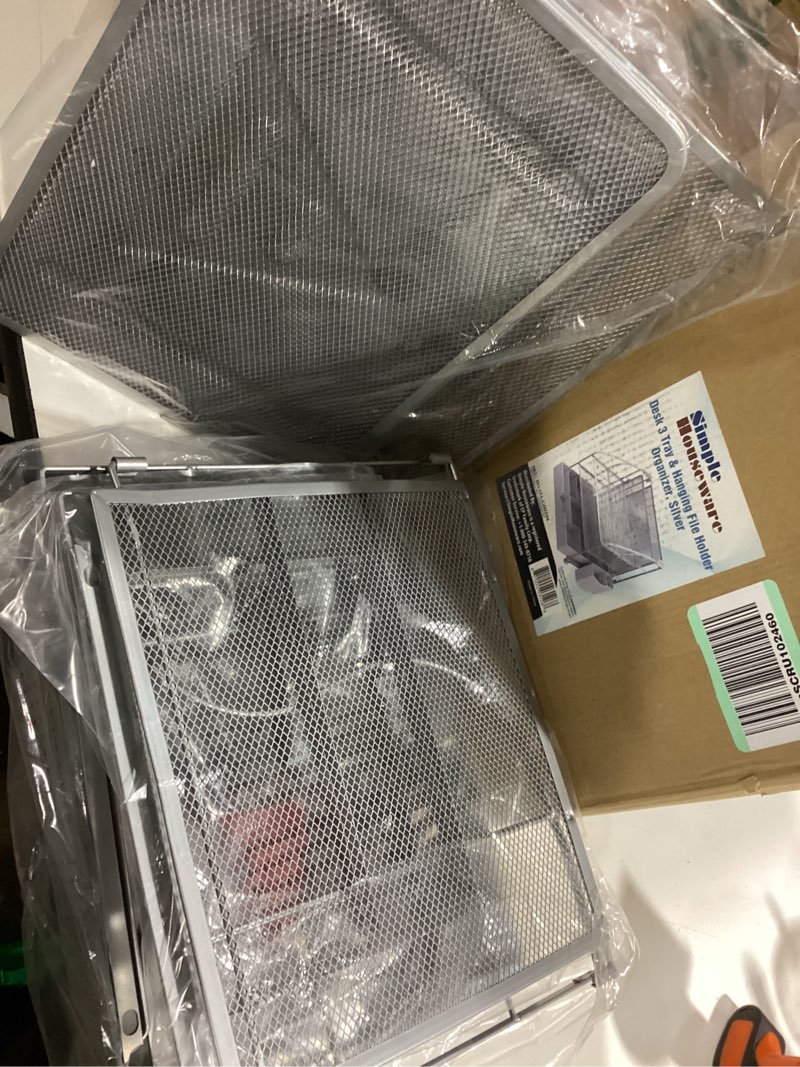 Condition photo showing As Is for Simple Houseware 3-Tier Desk Organizer with Sliding Drawer, Hanging File Holder and Pen Holder Accessory, Silver 1 Pack Silver