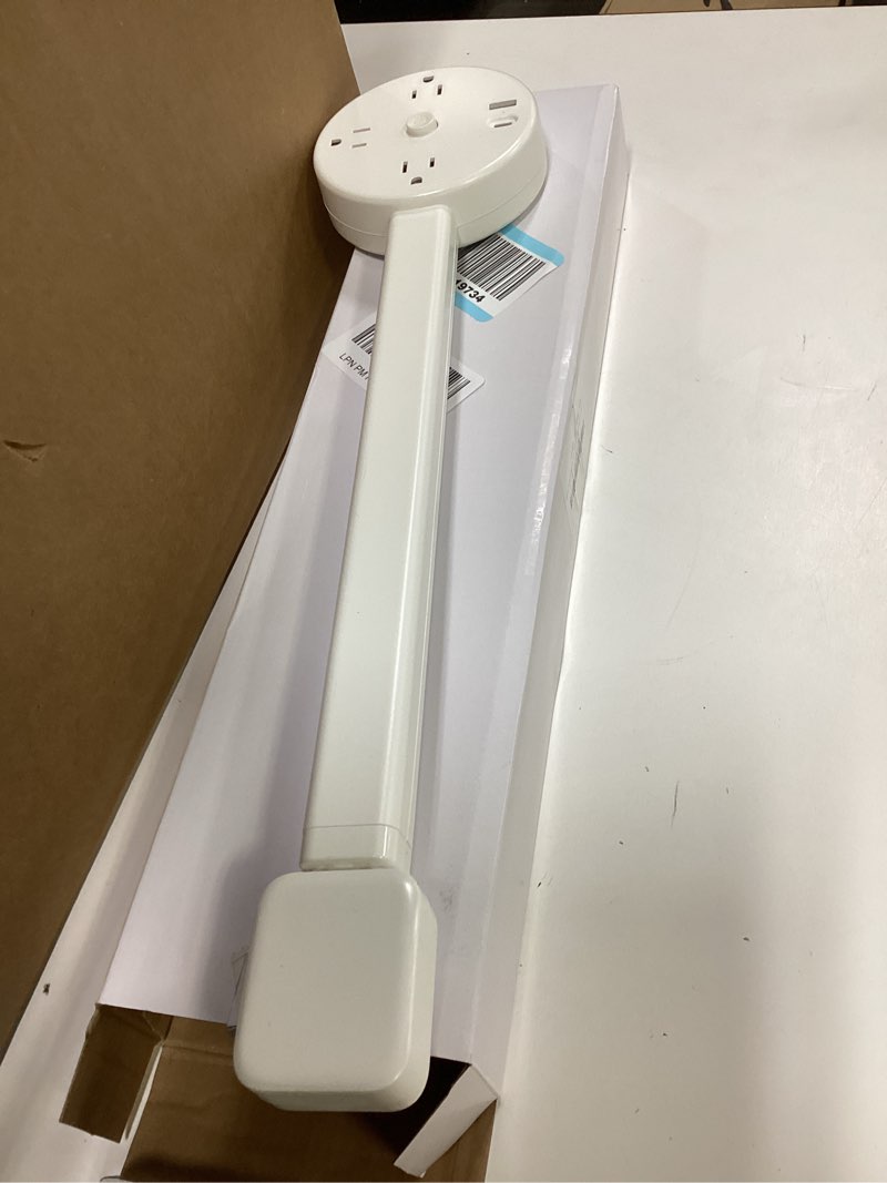 Condition photo showing item condition for outlet extender features outlet for hard-to-reach spaces, extending 21''-28'', suitable for placement behind bedside tables, desks, sofas, etc. 3 ac outlets, usb-c ports, usb-a ports.