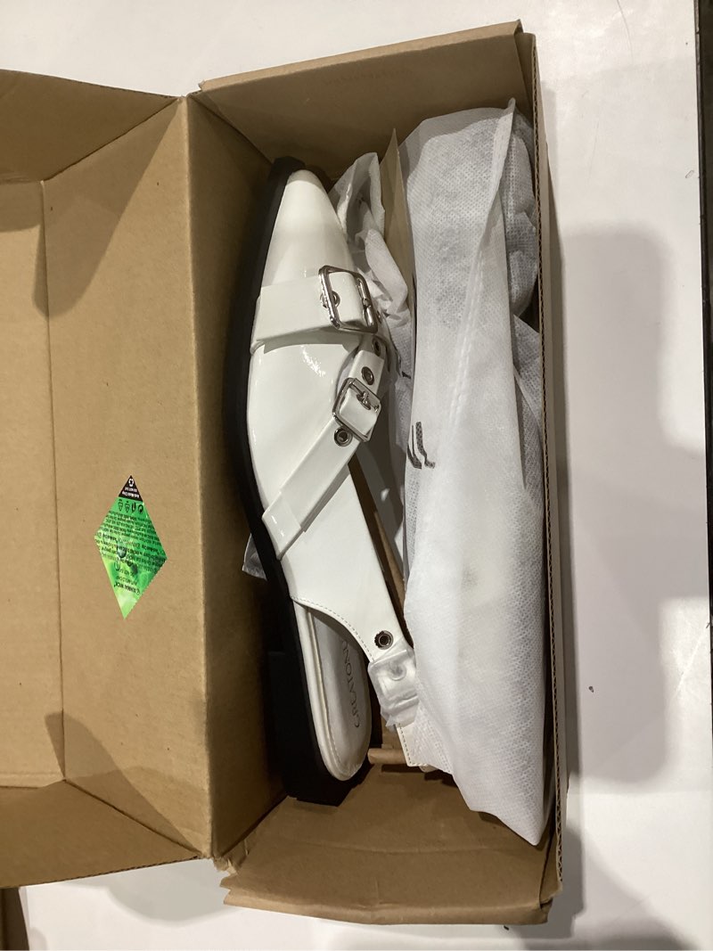 Condition photo showing As Is for Greatonu Women's Slingback Flats for Women Ballerina Shoes Studs Buckle Flat Shoes Cross Strap Closed Toe Sandals Pointed Toe Ballet Flats Casual Party Dressy Shoes White Patent Cross Strap 7