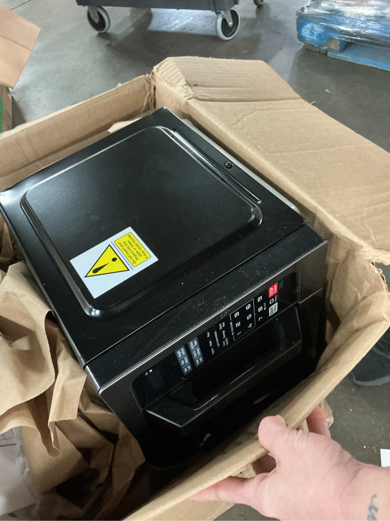 Condition photo showing As Is for TOSHIBA ML-EM09PA(BS) Small Microwave Oven with 6 Auto Menus, Mute Function & Child Lock, LED Lighting, 0.9 Cu Ft, 10.6 Inch Removable Turntable, 900W, Countertop, Black Stainless Steel Advanced-0.9 Cu Ft-900W-Black Stainless Steel