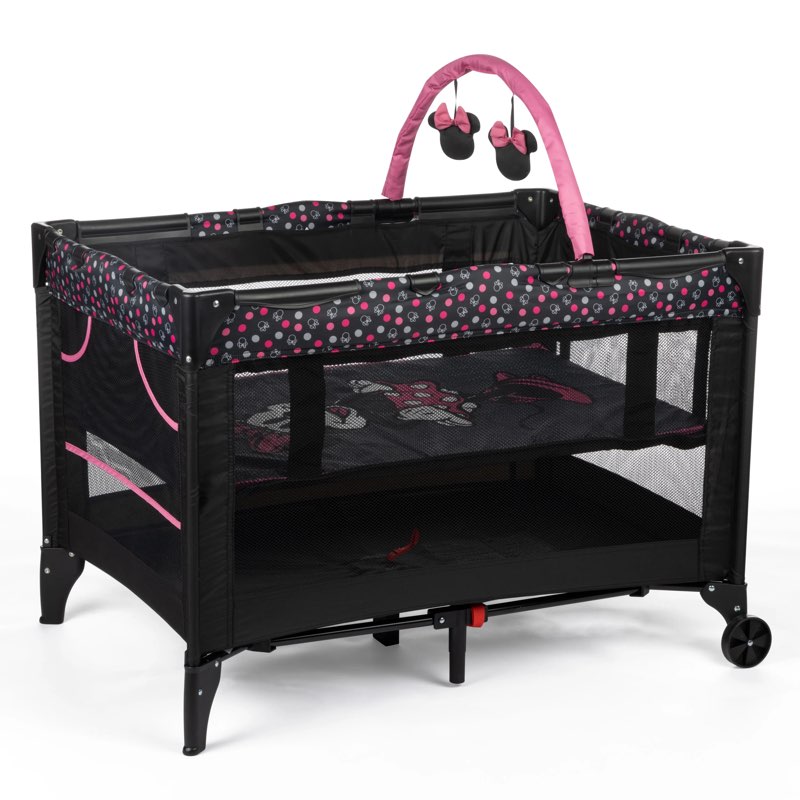 disney baby 3d ultra play yard with bassinet, toy bar & carry bag – modern minnie – portable infant playpen & travel crib